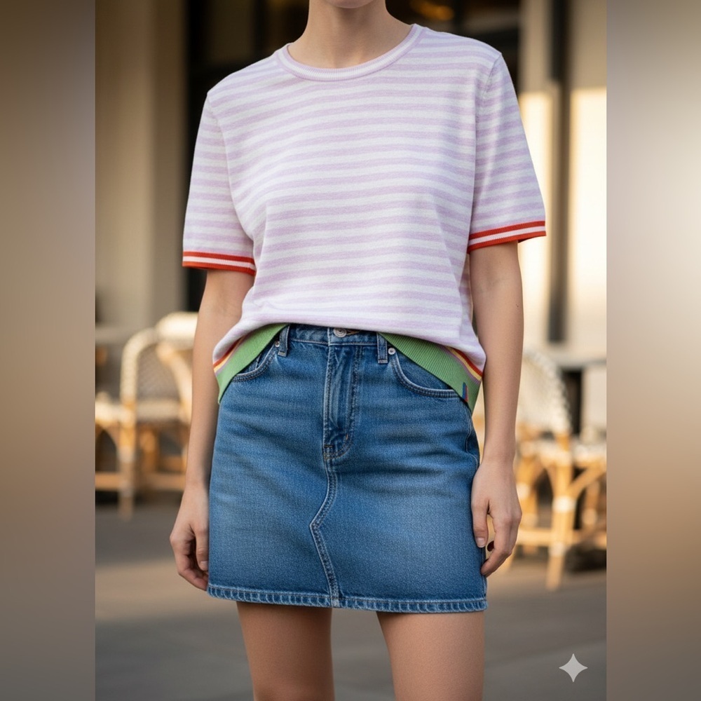 KULE Linen Blend The Corrine Striped Ringer Short Sleeve Knit Top Size Small